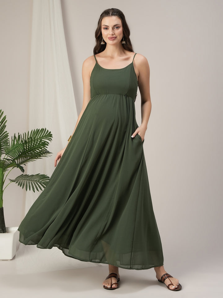 Green Maternity Anarkali Gown with Detachable Tiered Shrug