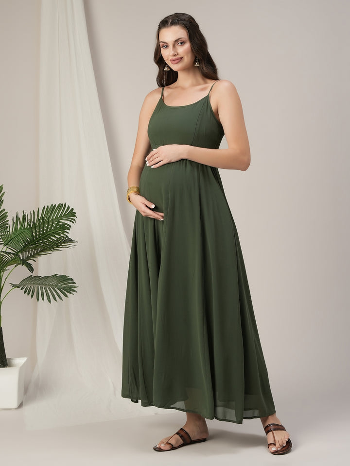 Green Maternity Anarkali Gown with Detachable Tiered Shrug