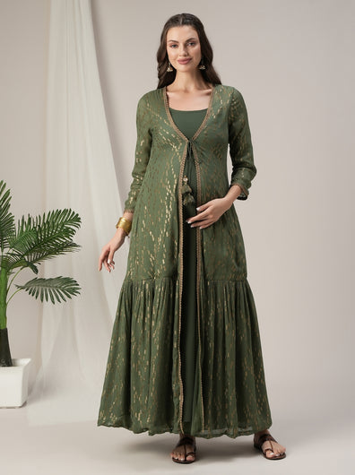Green Maternity Anarkali Gown with Detachable Tiered Shrug