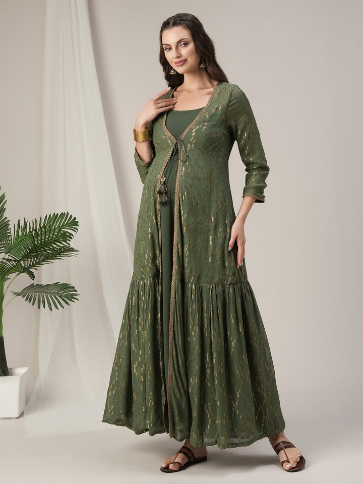Green Maternity Anarkali Gown with Detachable Tiered Shrug