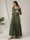 Green Maternity Anarkali Gown with Detachable Tiered Shrug