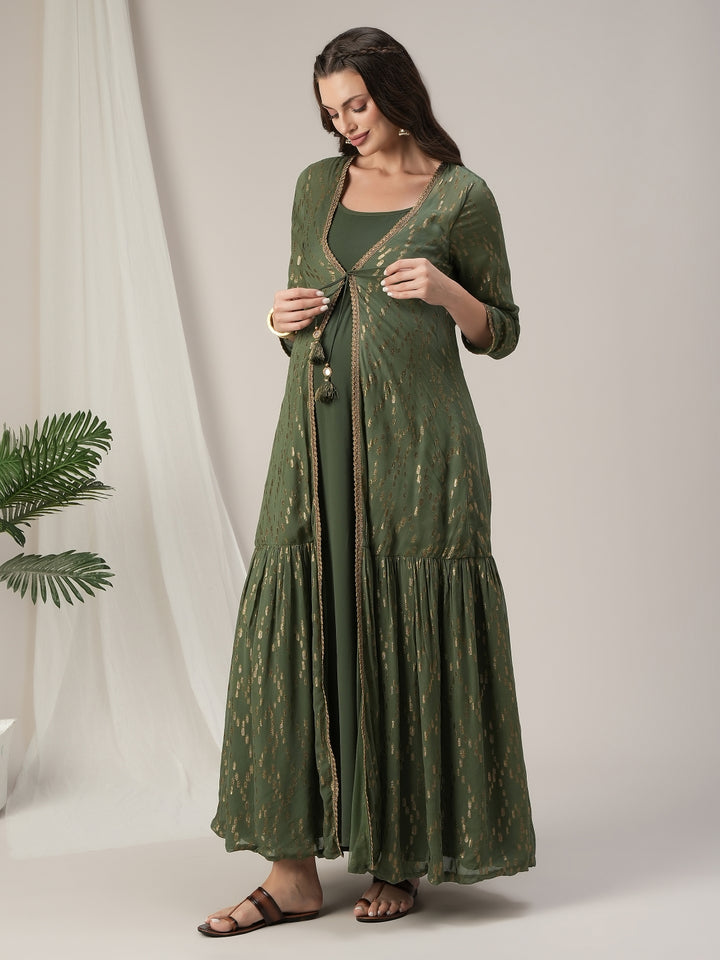 Green Maternity Anarkali Gown with Detachable Tiered Shrug