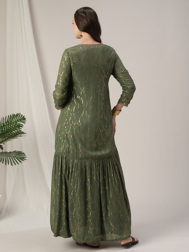 Green Maternity Anarkali Gown with Detachable Tiered Shrug