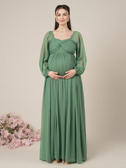 Green Maternity Party Maxi Dress with Long Sleeves