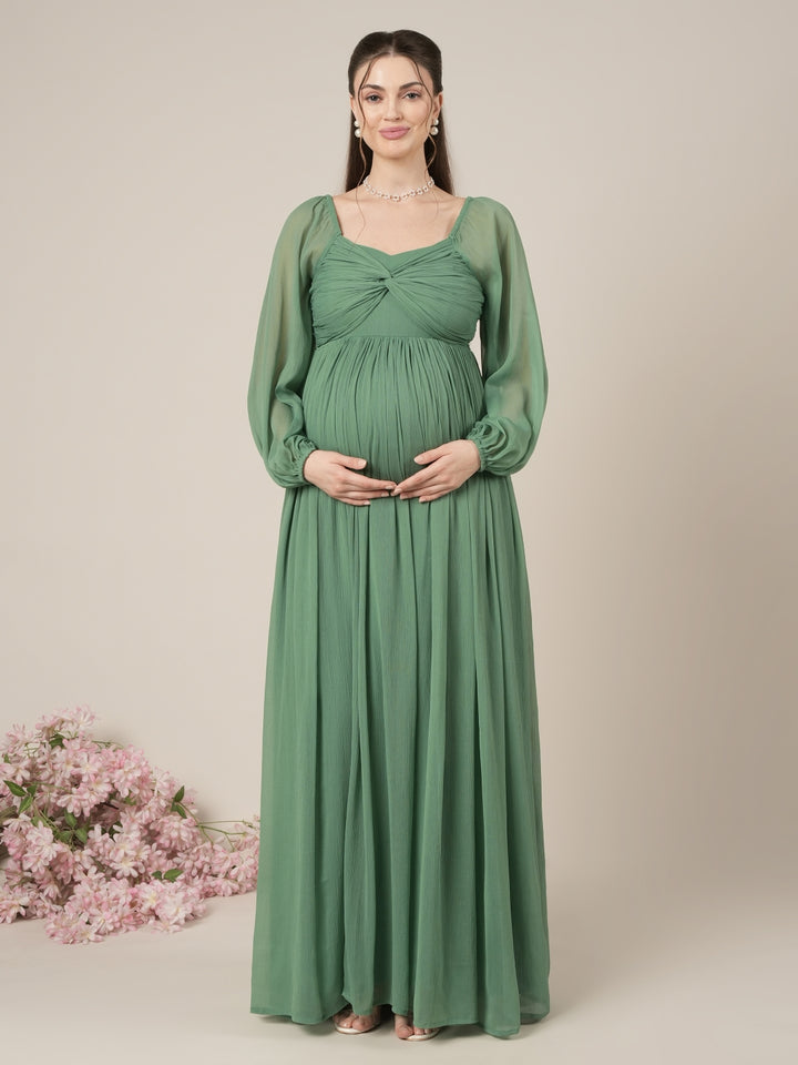Green Maternity Party Maxi Dress with Long Sleeves