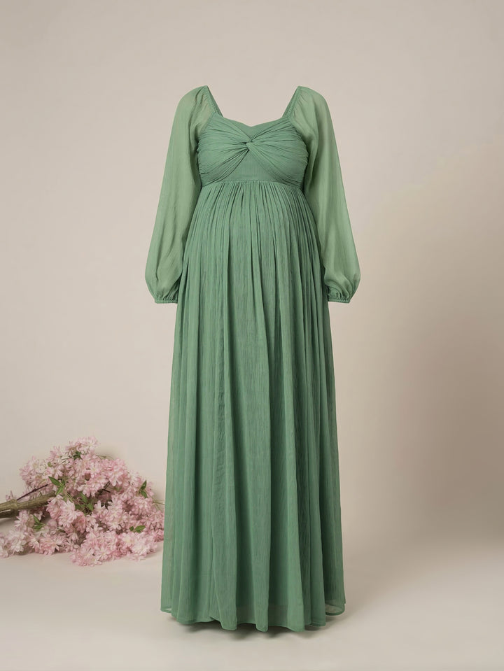 Green Maternity Party Maxi Dress with Long Sleeves