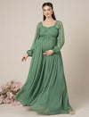 Green Maternity Party Maxi Dress with Long Sleeves