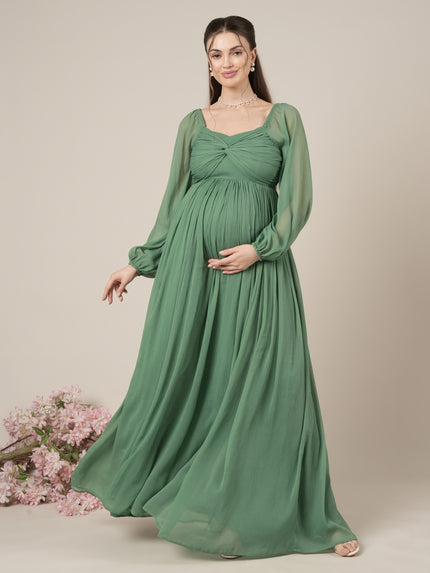 Green Maternity Party Maxi Dress with Long Sleeves