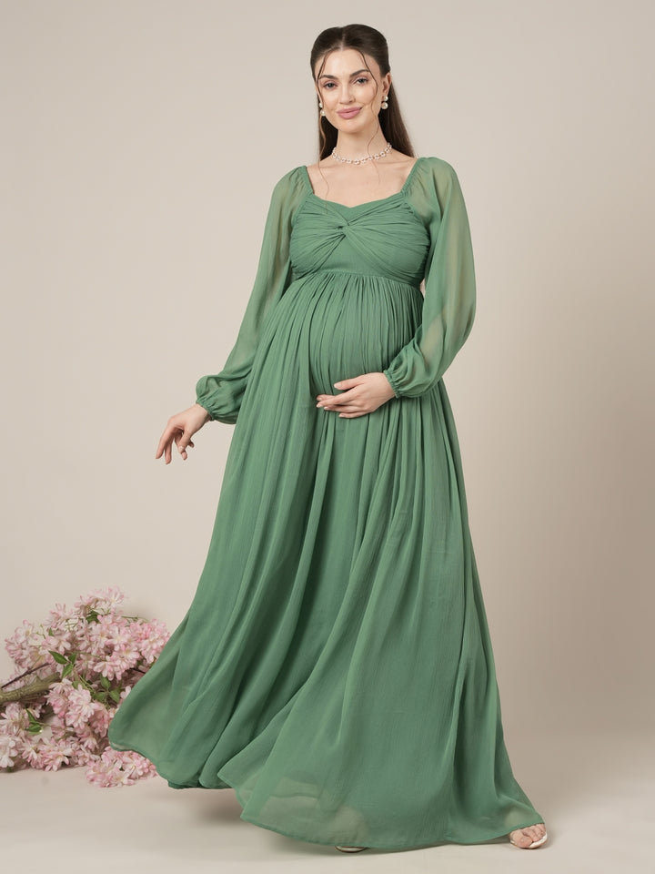 Green Maternity Party Maxi Dress with Long Sleeves