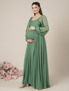 Green Maternity Party Maxi Dress with Long Sleeves