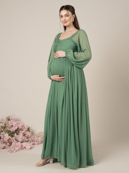 Green Maternity Party Maxi Dress with Long Sleeves