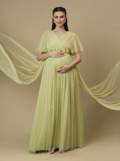 Green Maternity Maxi Formal Gown with Train