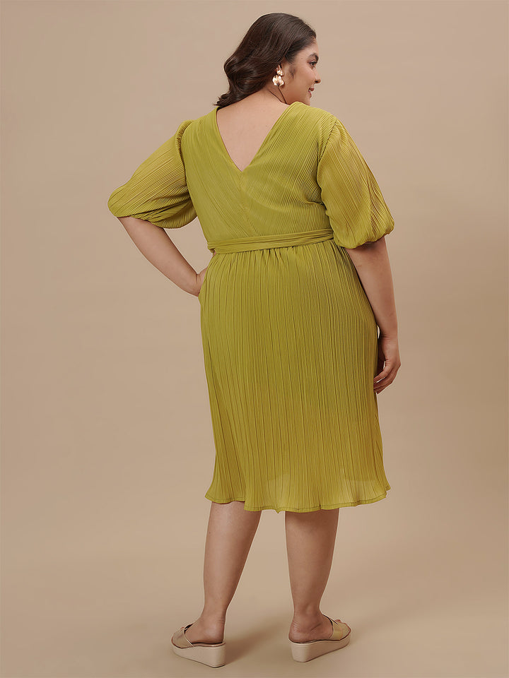 Plus-size woman in back side view wearing Green Pleated Plus Size Formal Dress with pleated skirt and zip back