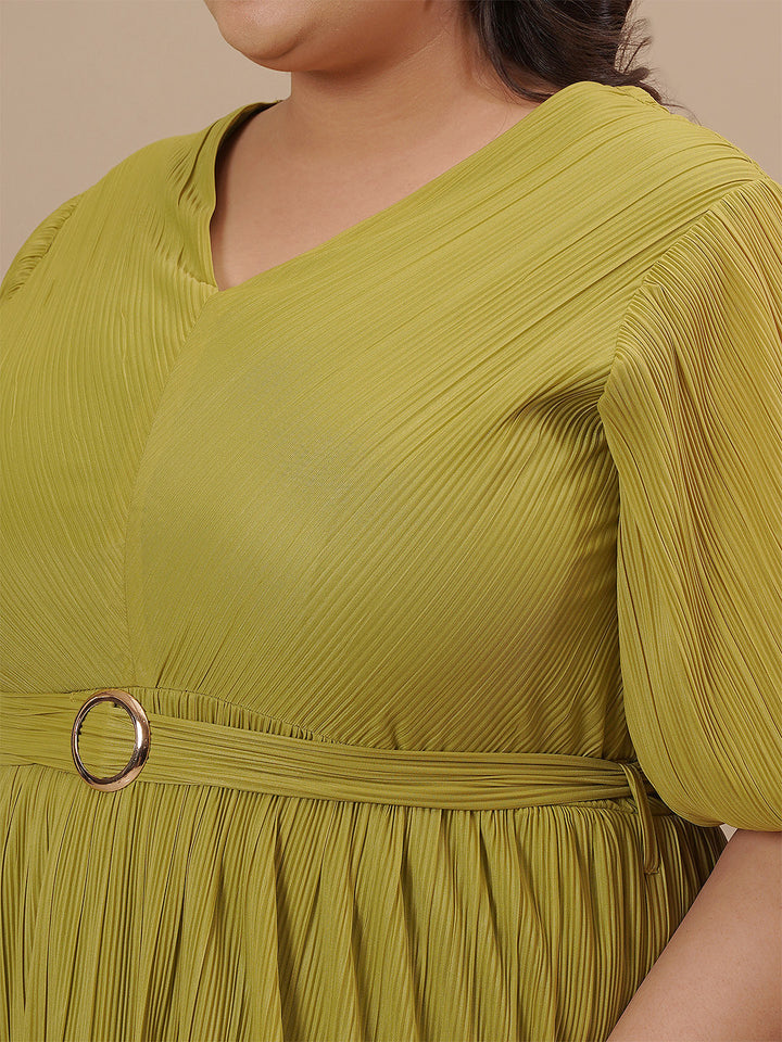 Close-up view of Green Pleated Plus Size Formal Dress showing pleated detail and soft satin-like fabric