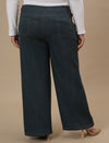 Plus-size woman in back side view wearing Green Plus Size Wide Leg Jeans with relaxed fit and clean finish