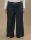 Plus-size woman in front view wearing Green Plus Size Wide Leg Jeans featuring high-rise fit and wide-leg design