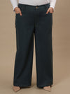 Plus-size woman in front pose wearing Green Plus Size Wide Leg Jeans with roomy leg cut and tailored waist