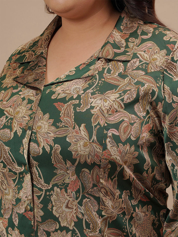 Close-up view of Green Satin Plus Size Co-Ord Set showing front button detail and glossy satin fabric