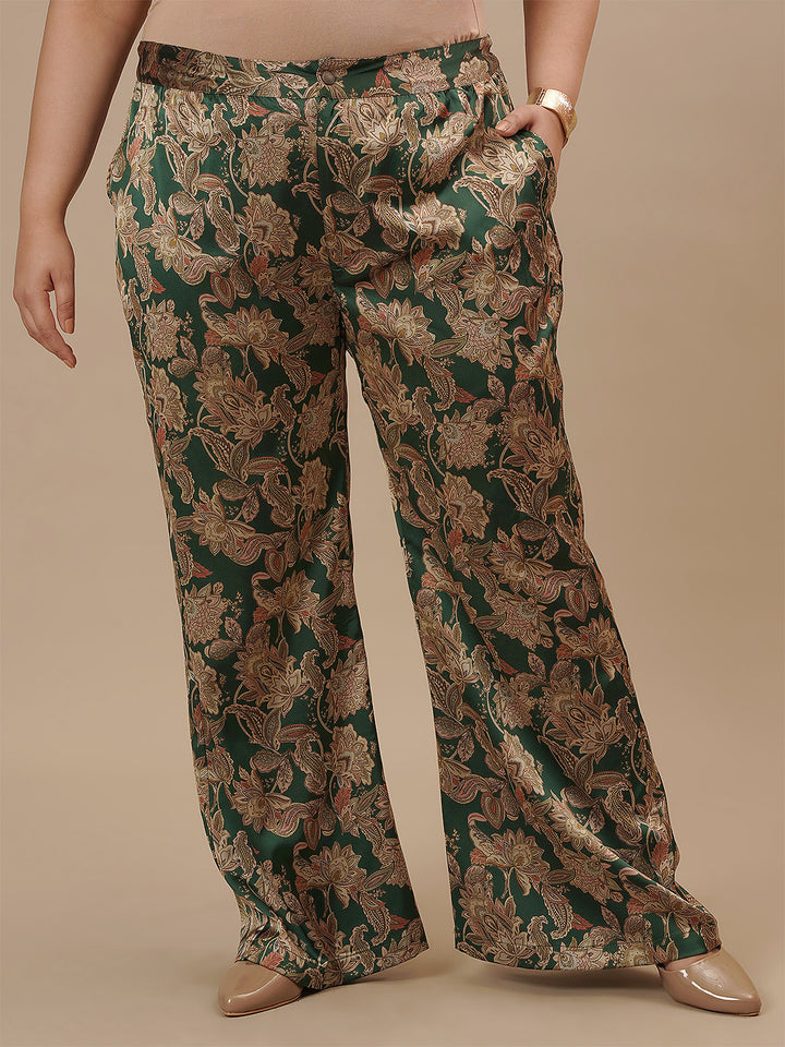 Plus-size woman in front view wearing Green Satin Plus Size Co-Ord Set with glossy satin finish and relaxed fit