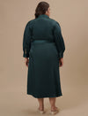 Plus-size woman in back view wearing Green Satin Plus Size Wrap Dress with clean back and satin drape