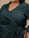 Close-up view of Green Satin Plus Size Wrap Dress showing wrap neckline and glossy satin fabric