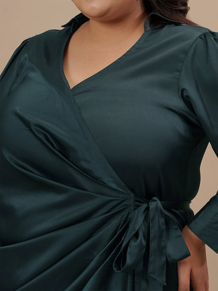 Green Satin Plus Size Wrap Dress