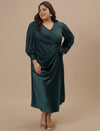 Plus-size woman in front angle view wearing Green Satin Plus Size Wrap Dress with V-neck and draped design