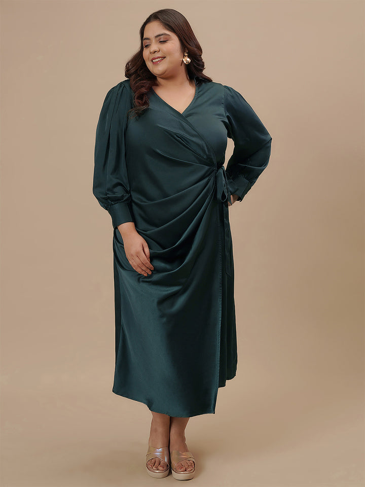 Plus-size woman in front angle view wearing Green Satin Plus Size Wrap Dress with V-neck and draped design