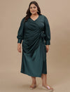 Plus-size woman in front look wearing Green Satin Plus Size Wrap Dress featuring tie waist and elegant finish