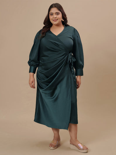 Plus-size woman in front look wearing Green Satin Plus Size Wrap Dress featuring tie waist and elegant finish