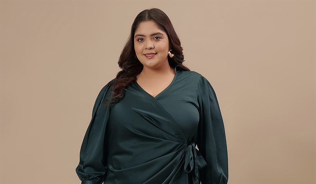 Women Green Satin Plus Size Wrap Dress