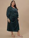 Plus-size woman in side view wearing Green Satin Plus Size Wrap Dress with waist tie and flowy silhouette
