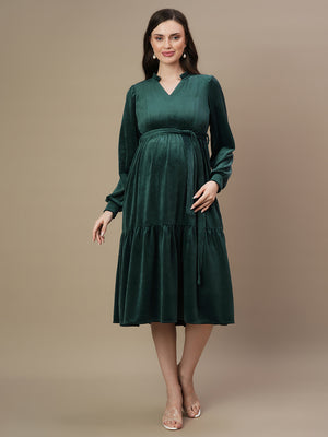 Velvet Tiered Maternity Dress- Green