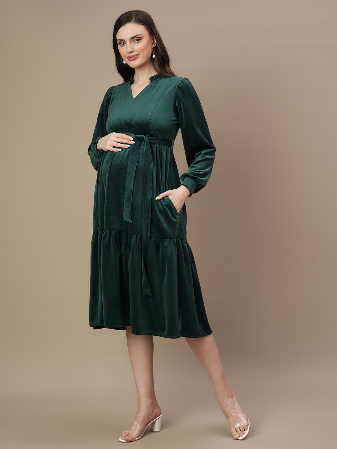 Velvet Tiered Maternity Dress- Green Velvet Tiered Maternity Dress- Green