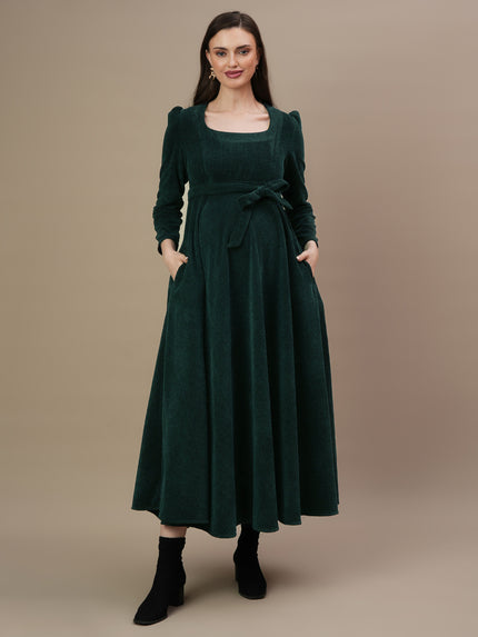 Buy Green Woolen Maternity Gown with Belt Buy Green Woolen Maternity Gown with Belt