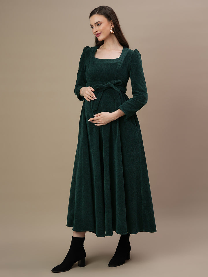 Green Woolen Maternity Gown with Belt