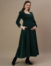 Green Woolen Maternity Gown with Belt