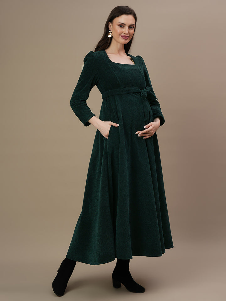 Green Woolen Maternity Gown with Belt