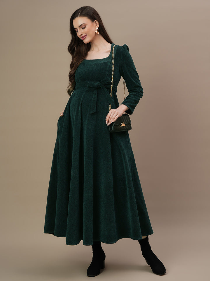 Green Woolen Maternity Gown with Belt