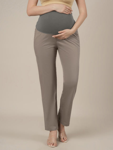 Stretchy Cotton Straight Fit Maternity Trousers-Grey