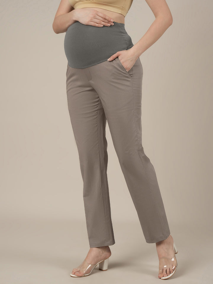Stretchy Cotton Straight Fit Maternity Trousers-Grey