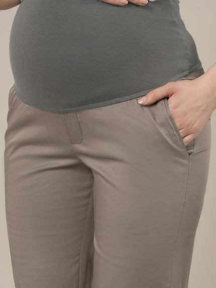 Stretchy Cotton Straight Fit Maternity Trousers-Grey
