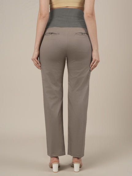 Stretchy Cotton Straight Fit Maternity Trousers-Grey