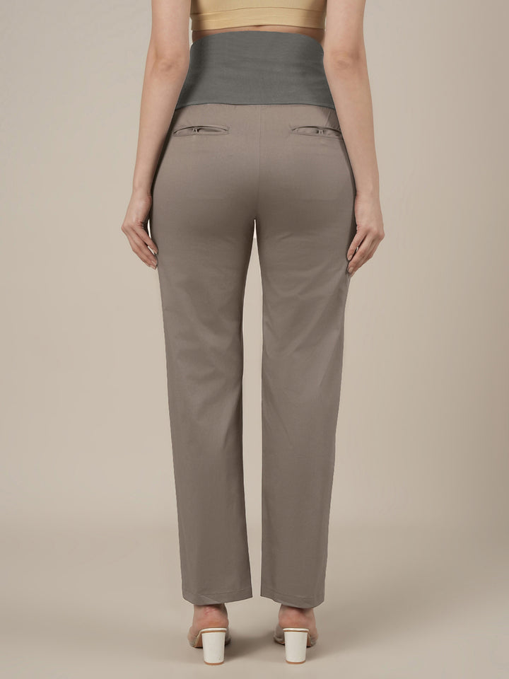 Stretchy Cotton Straight Fit Maternity Trousers-Grey