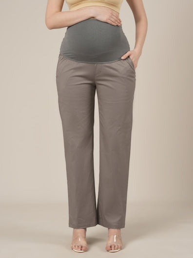 Maternity Stretchy Cotton Wide Leg Trousers-Grey