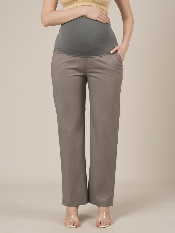 Maternity Stretchy Cotton Wide Leg Trousers-Grey