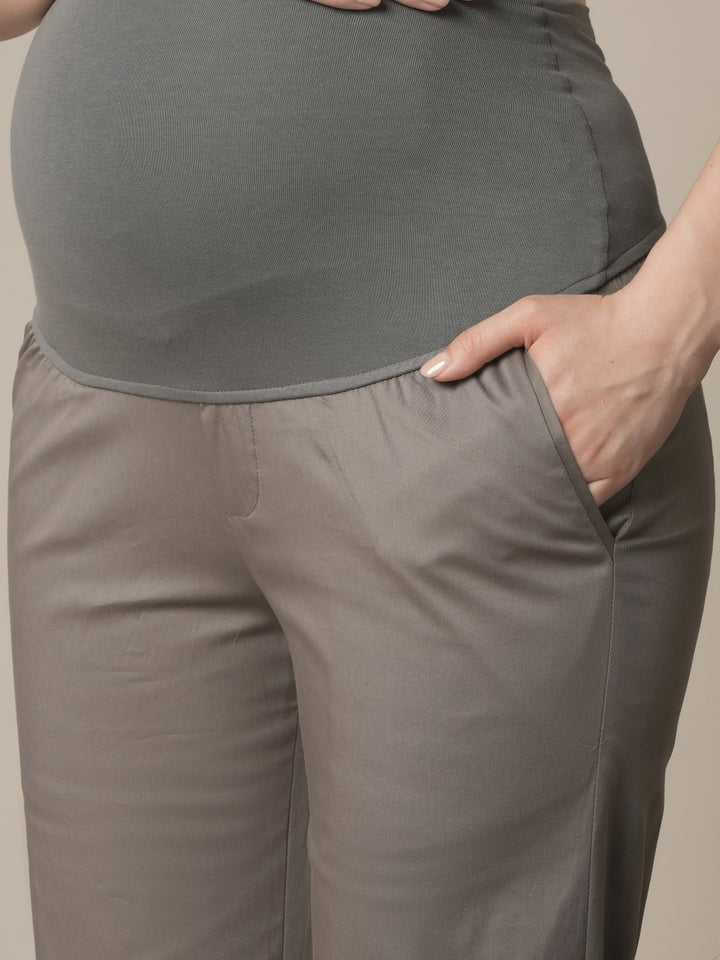 Maternity Stretchy Cotton Wide Leg Trousers-Grey