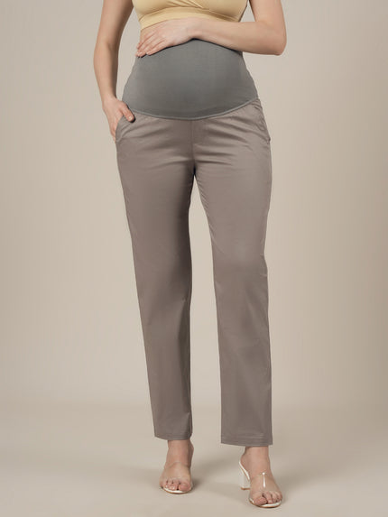 Stretchy Cotton Tapered Fit Maternity Trousers-Grey