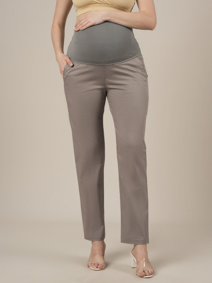 Stretchy Cotton Tapered Fit Maternity Trousers-Grey