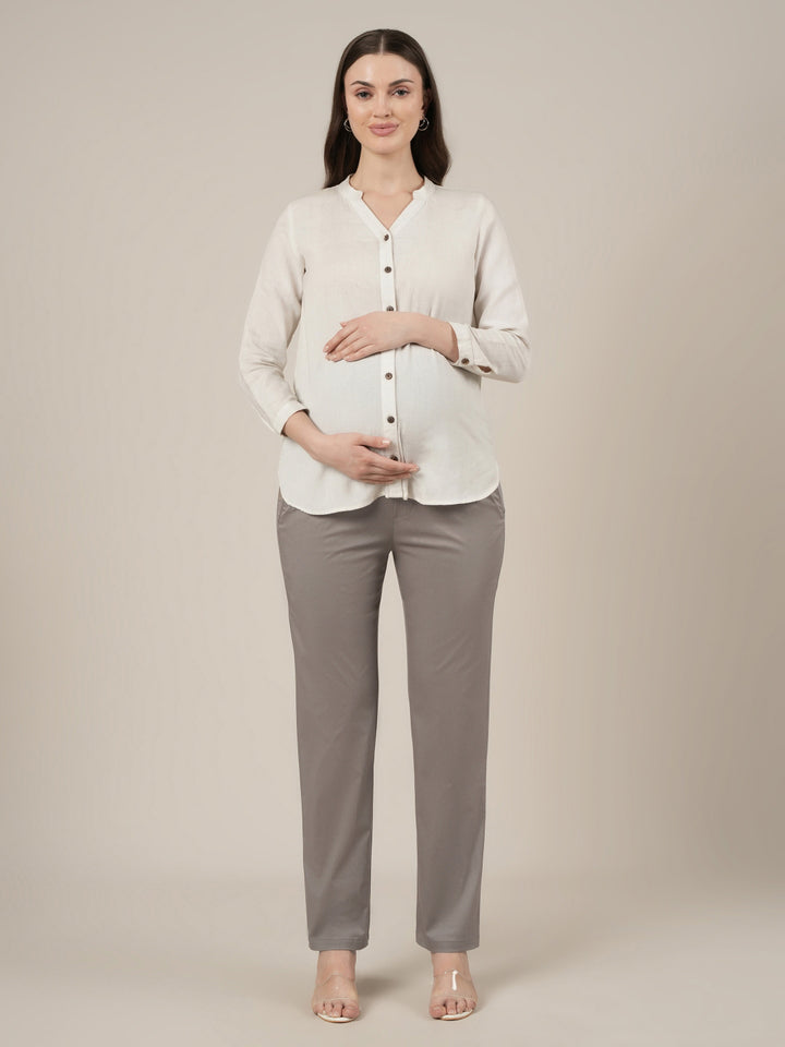 Stretchy Cotton Tapered Fit Maternity Trousers-Grey